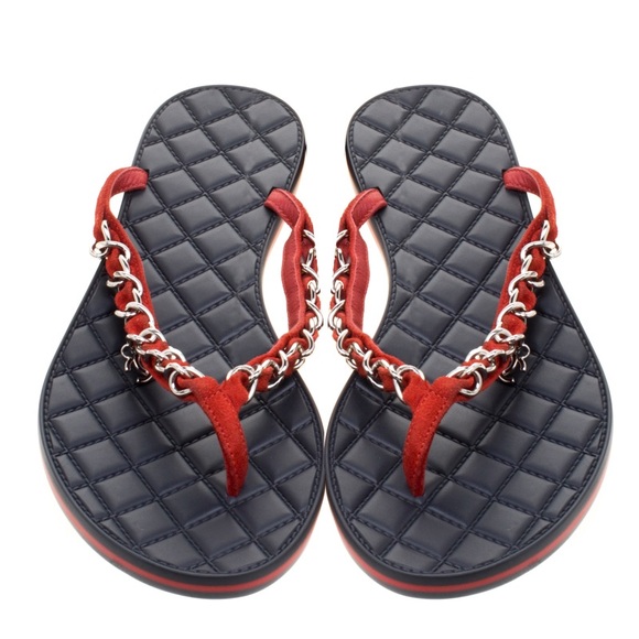 Chanel Red  Suede Chain Link Quilted Thong Sandals - Picture 5 of 6
